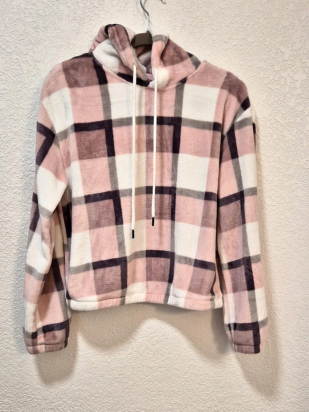 Girls Angel Cult Plaid Fleece Hoodie in Pink & White Size Medium